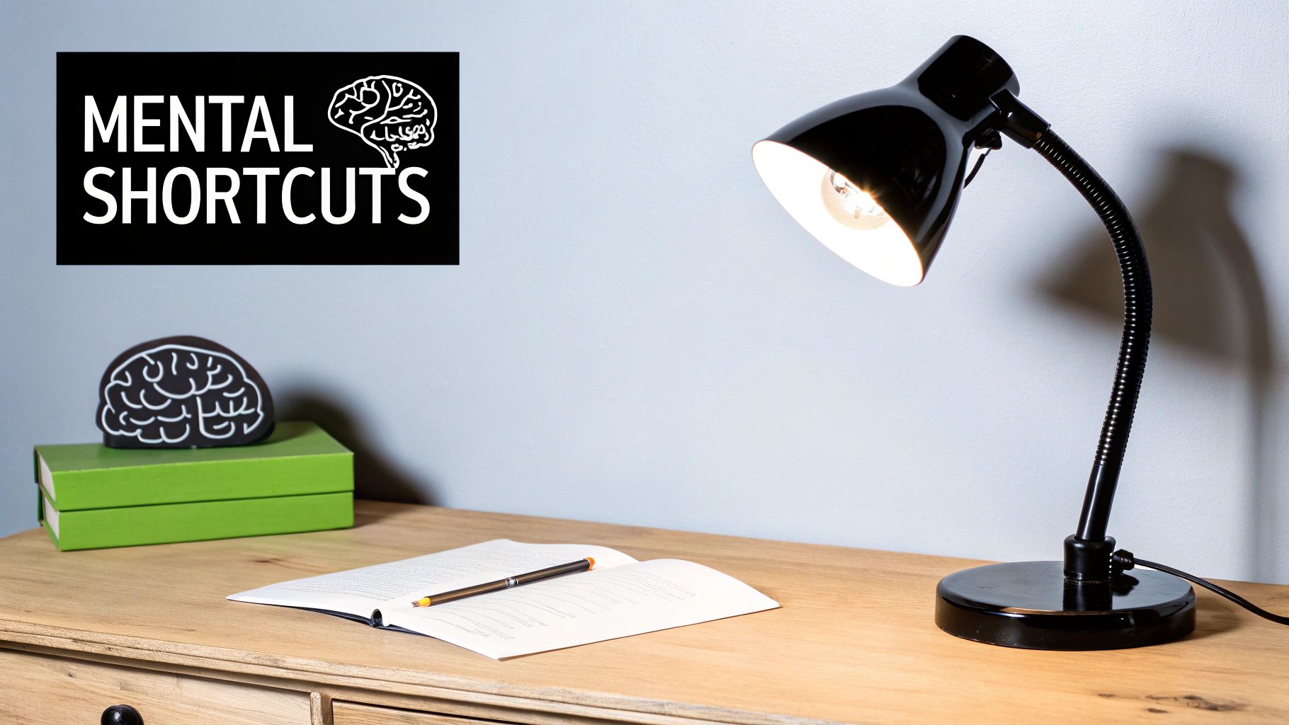 A desk with a lit black lamp, open notebook, brain decor, and a 'MENTAL SHORTCUTS' sign.