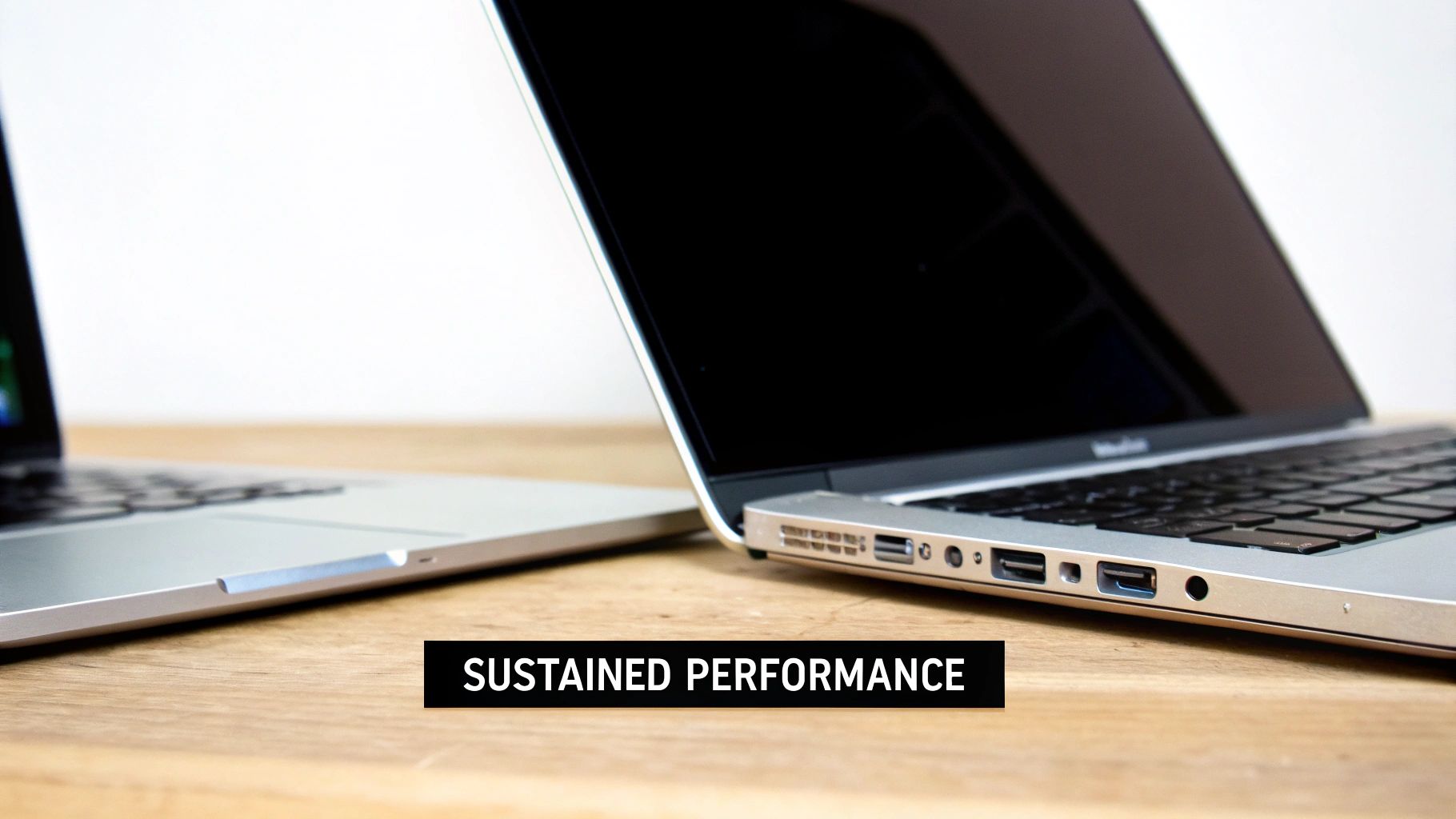 Two silver MacBooks on a wooden desk, one with an open dark screen, highlighting sustained performance.