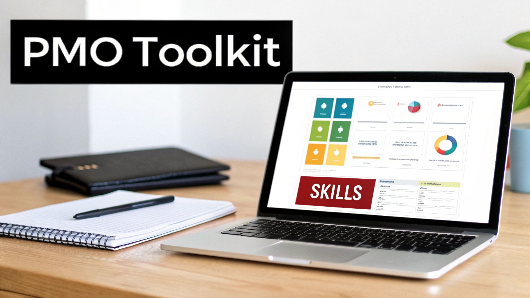PMO Toolkit banner above a laptop displaying a dashboard with charts and a skills section.