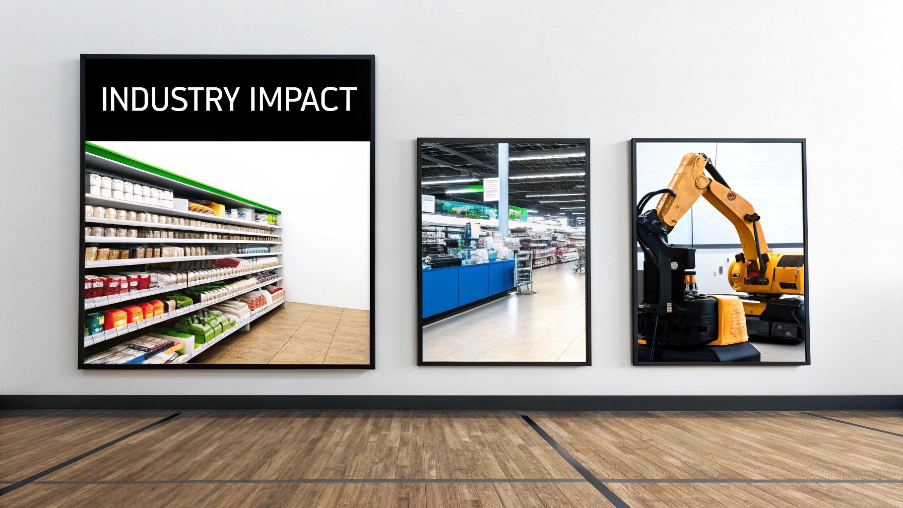 Three framed pictures on a white wall, showcasing a retail store aisle, a supermarket, and an excavator.