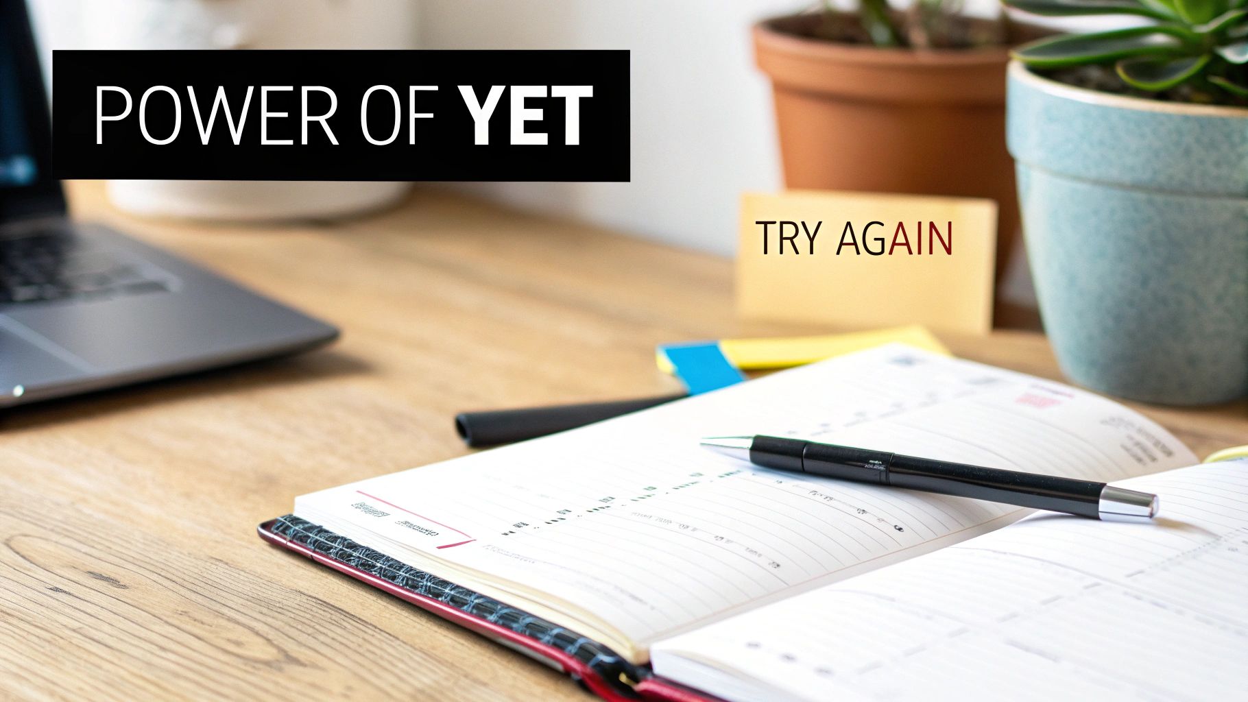 A desk with a laptop, open planner, pen, and two notes: 'POWER OF YET' and 'TRY AGAIN,' promoting a growth mindset.