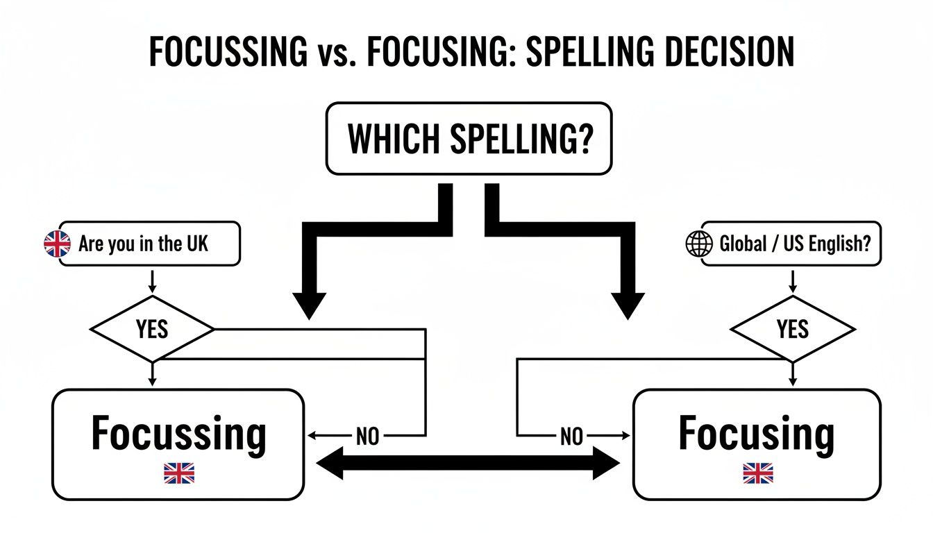 Flowchart showing the spelling decision between 'Focussing' (UK English) and 'Focusing' (US English).
