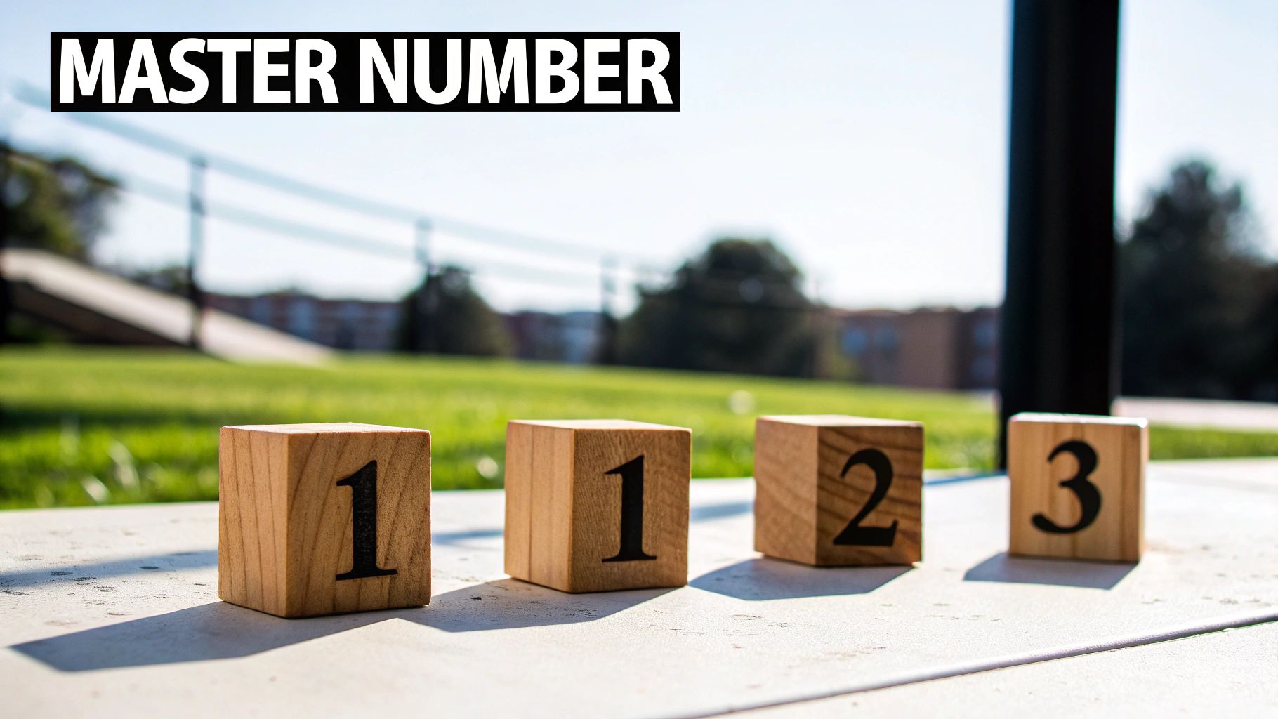 Four wooden blocks displaying numbers 1, 1, 2, 3 on a sunny outdoor table with 'MASTER NUMBER' text.
