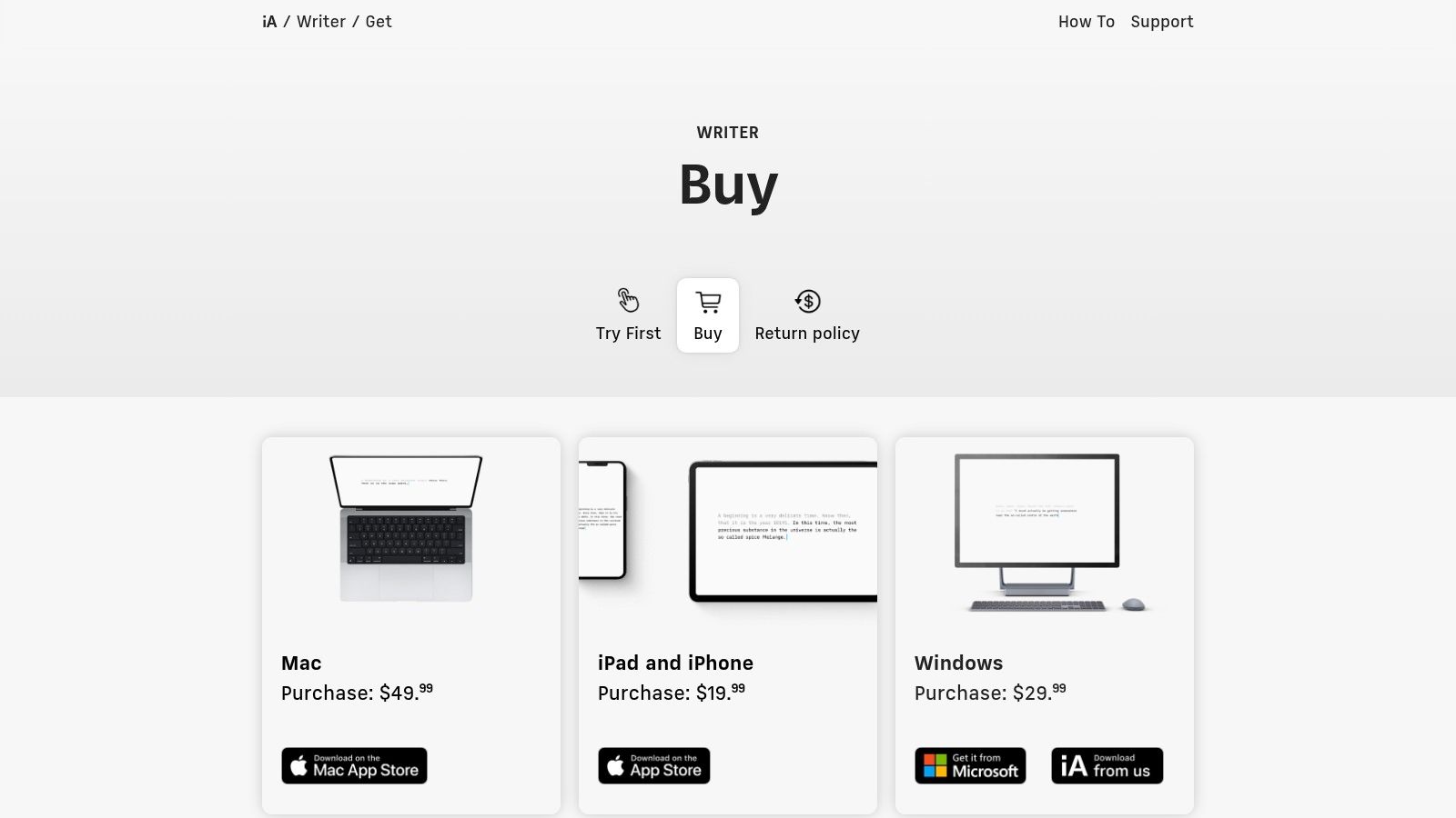A purchasing screen for the iA Writer app, showing options for Mac, Windows, and iOS.