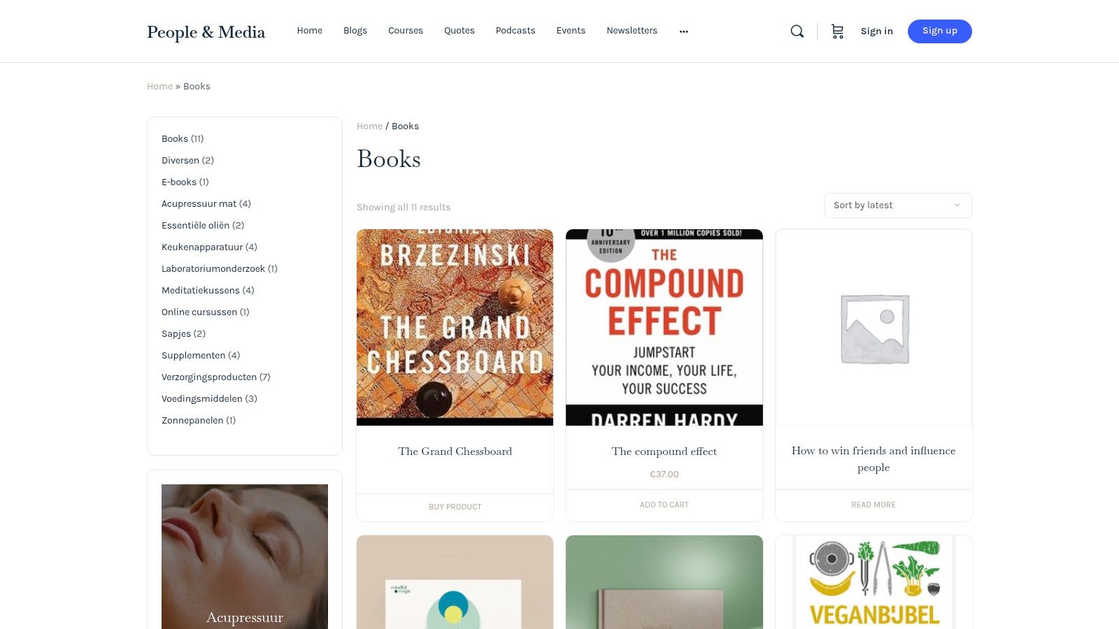 A screenshot of the People & Media online bookshop, displaying a clean layout with book covers, titles, and prices.