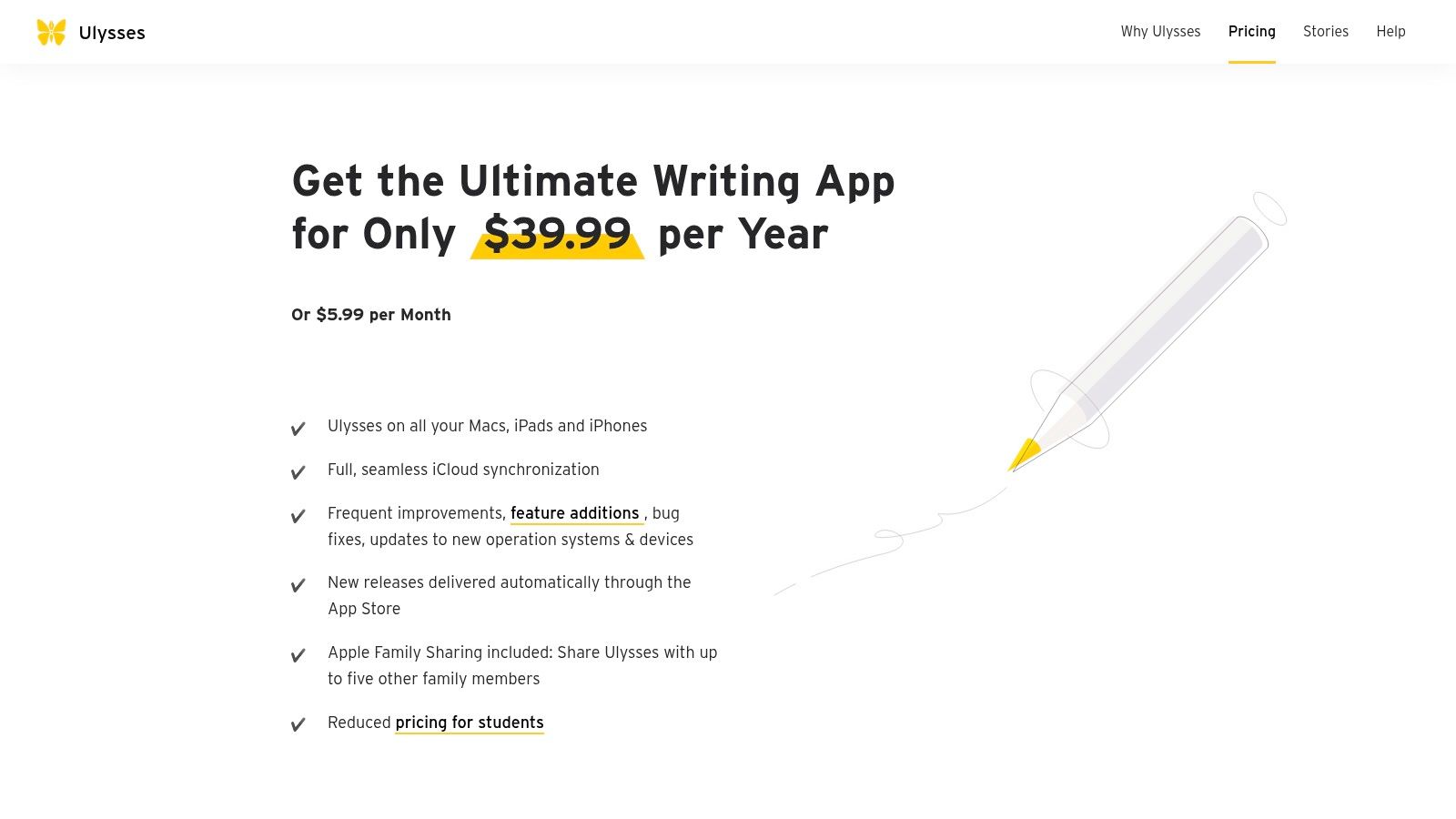The pricing page for the Ulysses writing app, showing subscription options.