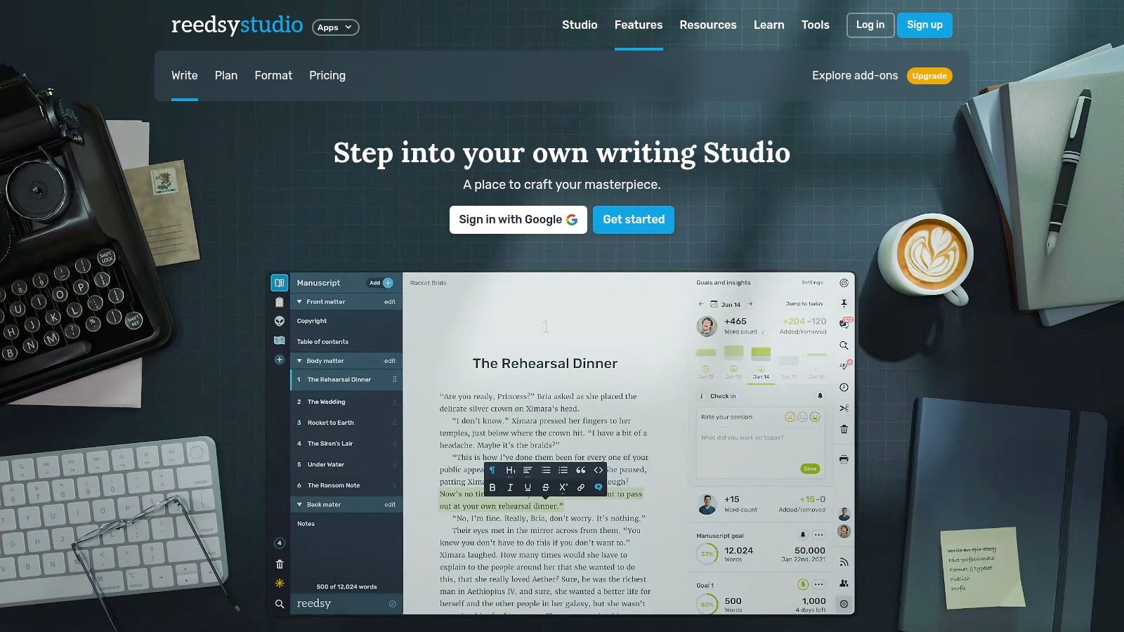 The Reedsy Studio interface showing the writing and formatting options available to authors.