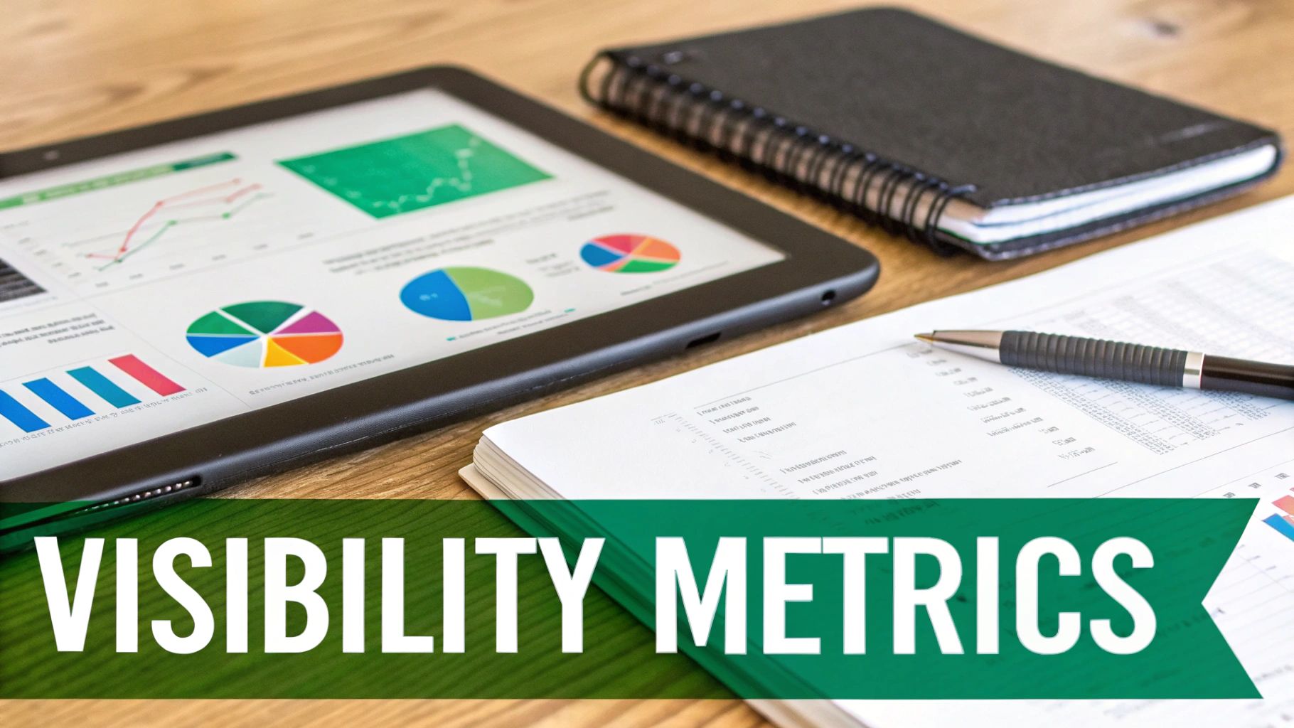 A tablet showing data visualizations, a notebook, and a pen on a wooden desk, with 'VISIBILITY METRICS' text.