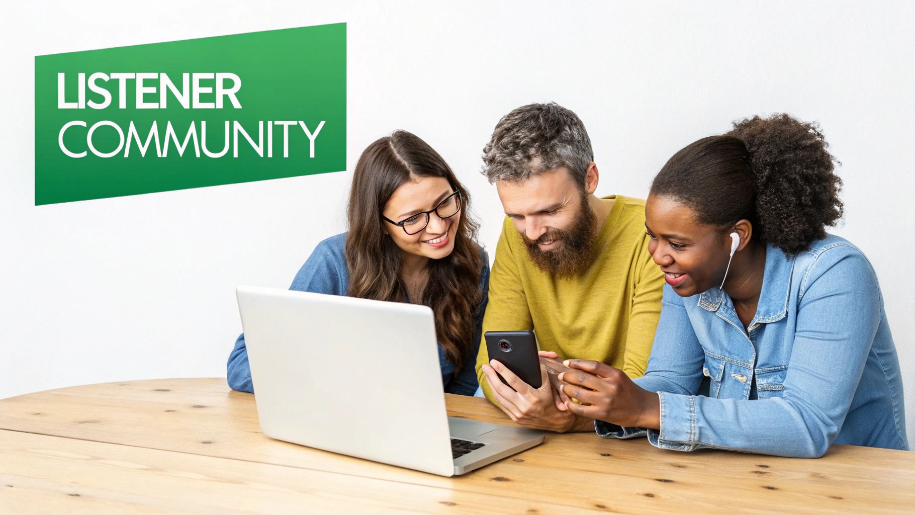 Three diverse people smiling and engaged, looking at a smartphone, next to a laptop.