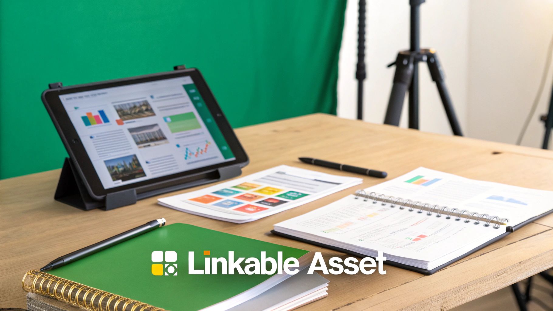A wooden desk with a tablet displaying charts, notebooks, and pens for content creation.