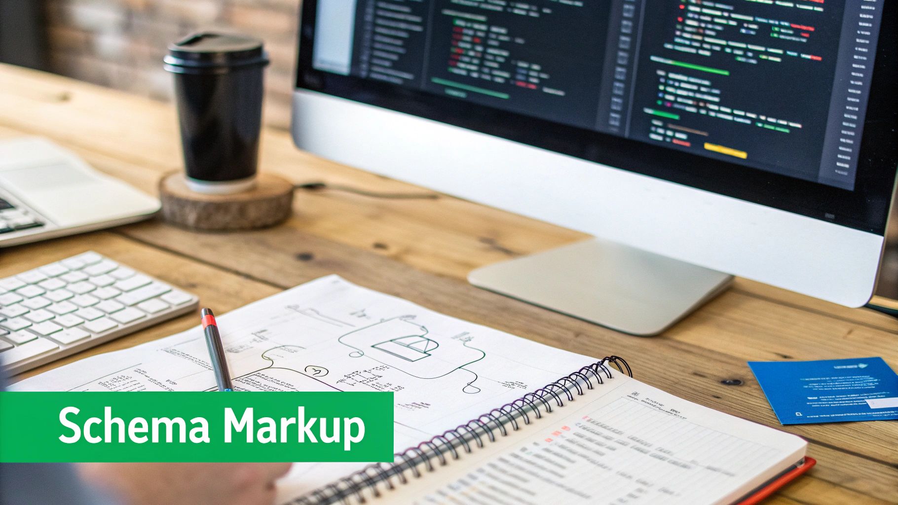 A developer's desk with a computer showing code, a notebook with diagrams, and a coffee cup, highlighting 'Schema Markup'.