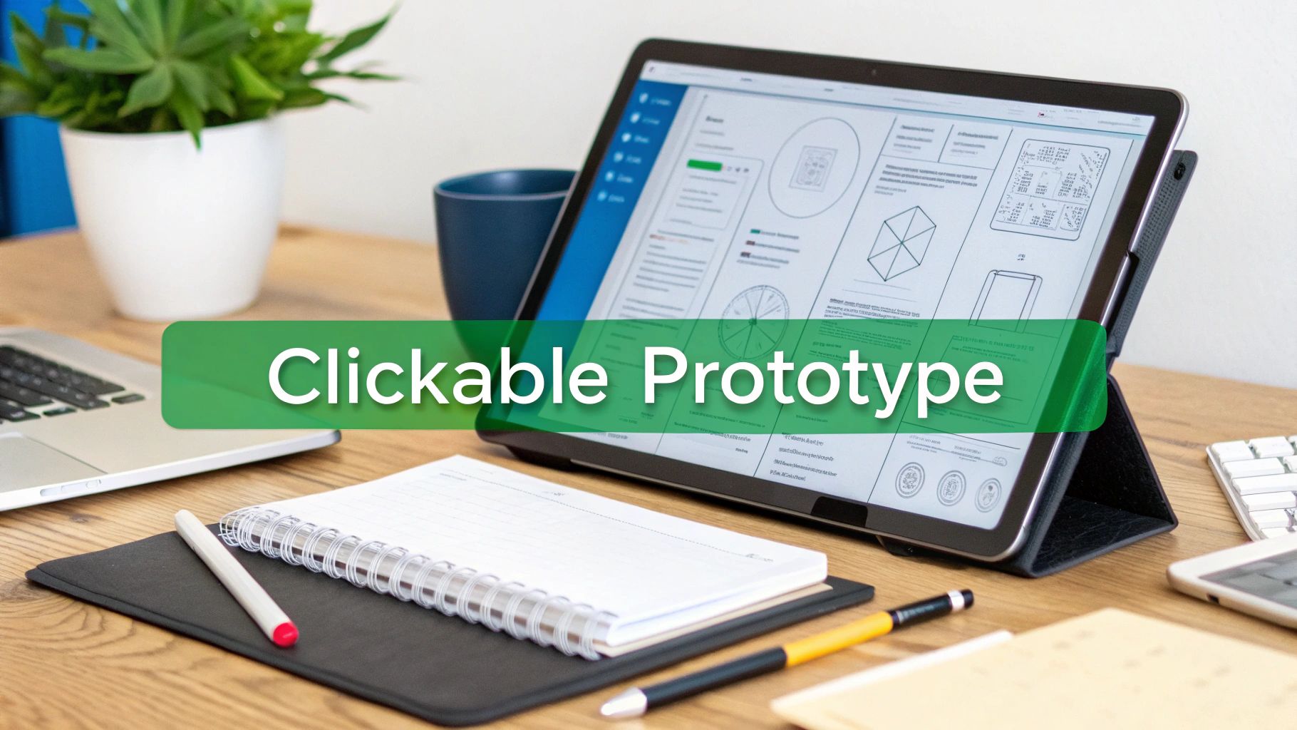 A tablet on a wooden desk displays a clickable prototype, surrounded by a laptop, notebook, and pens.
