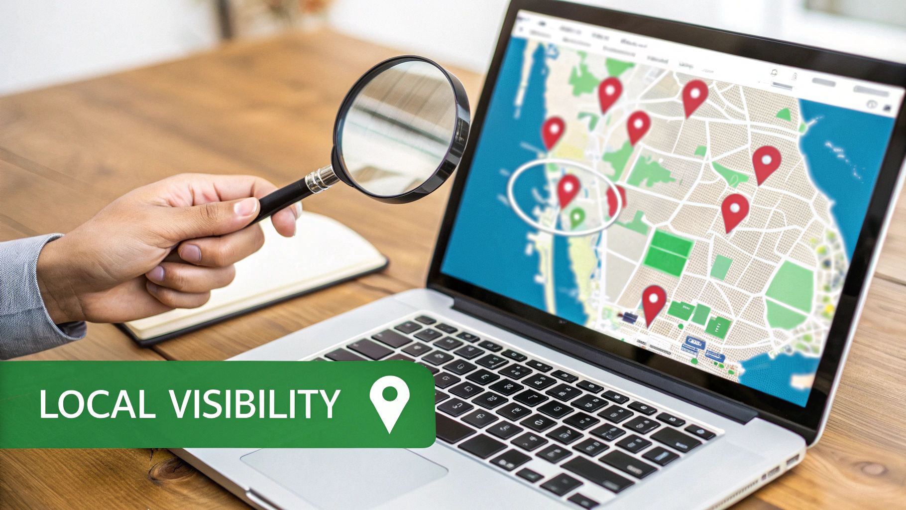 A hand holds a magnifying glass over a laptop map showing multiple local business pins.