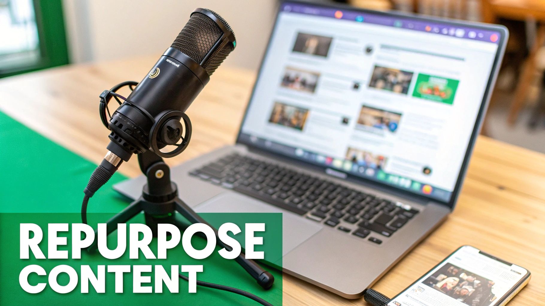 A podcast microphone on a tripod, a laptop, and a smartphone on a desk with 'REPURPOSE CONTENT' text.