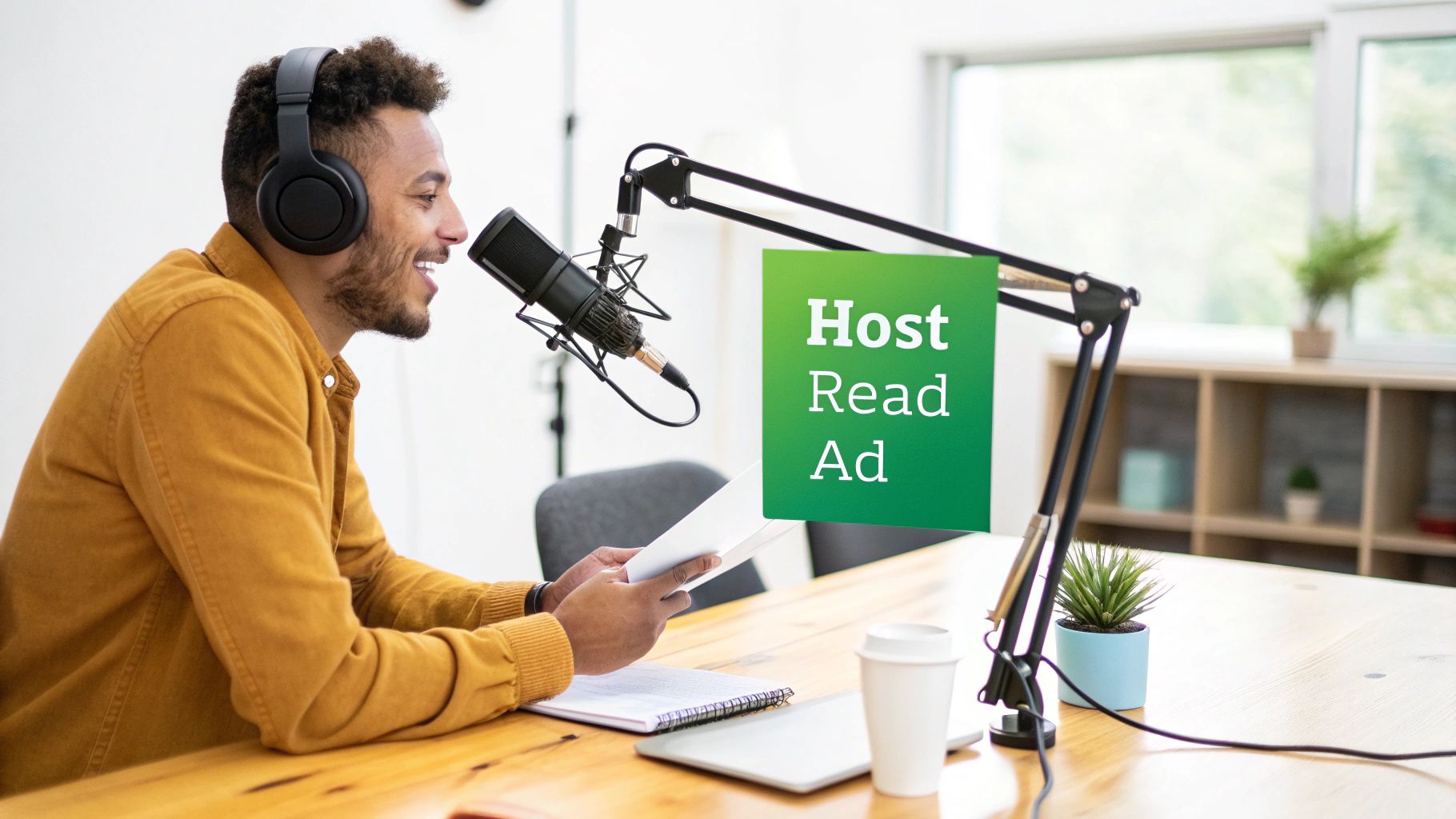 A smiling man wearing headphones records a podcast into a microphone, holding papers.