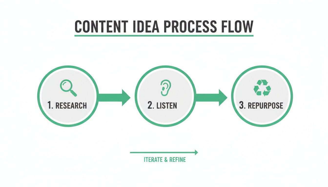 Content idea process flow diagram illustrating Research, Listen, Repurpose steps and an iterate & refine loop.