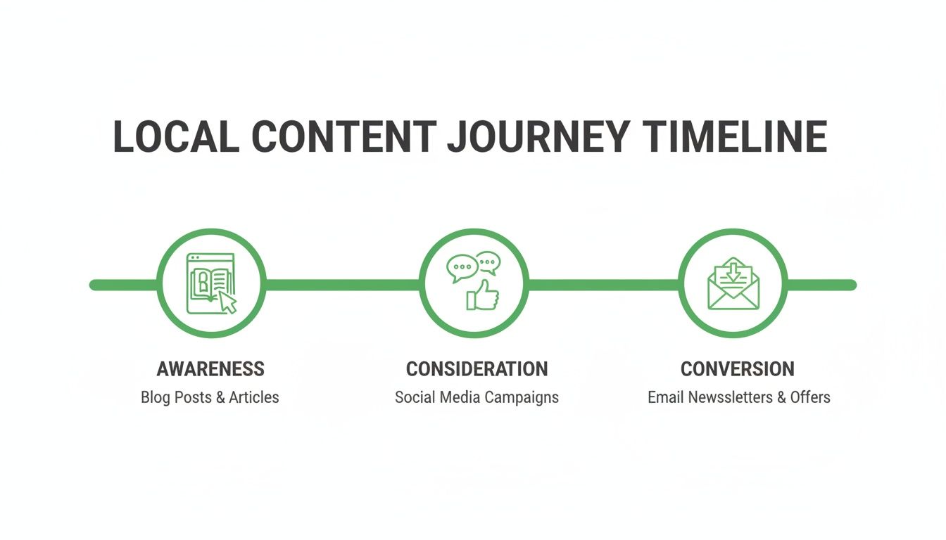 Timeline illustrating the local content marketing journey with stages: Awareness, Consideration, and Conversion.