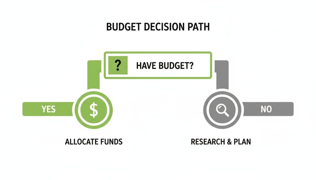 A Guide to Writing an RFP for Website Design.Flowchart illustrating a budget decision path: yes to allocate funds, no to research and plan.