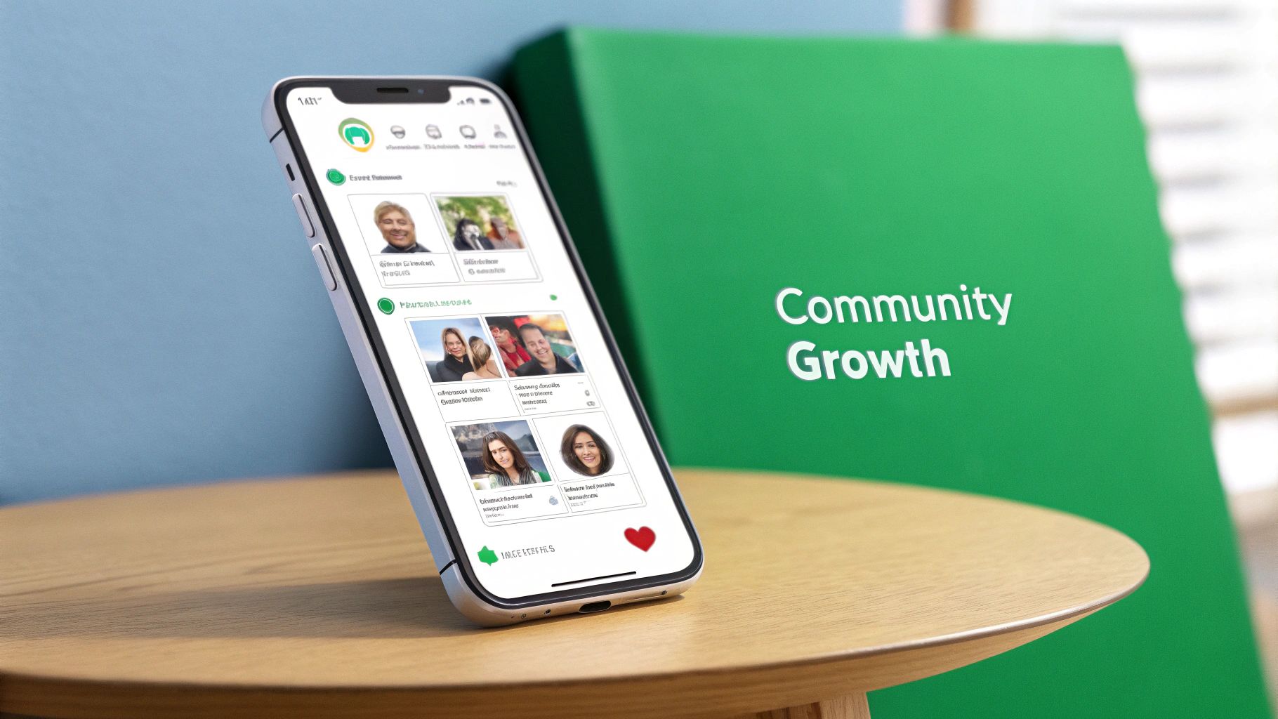 A smartphone displaying a community app with user profiles, resting on a table, with 'Community Growth' text in the background.