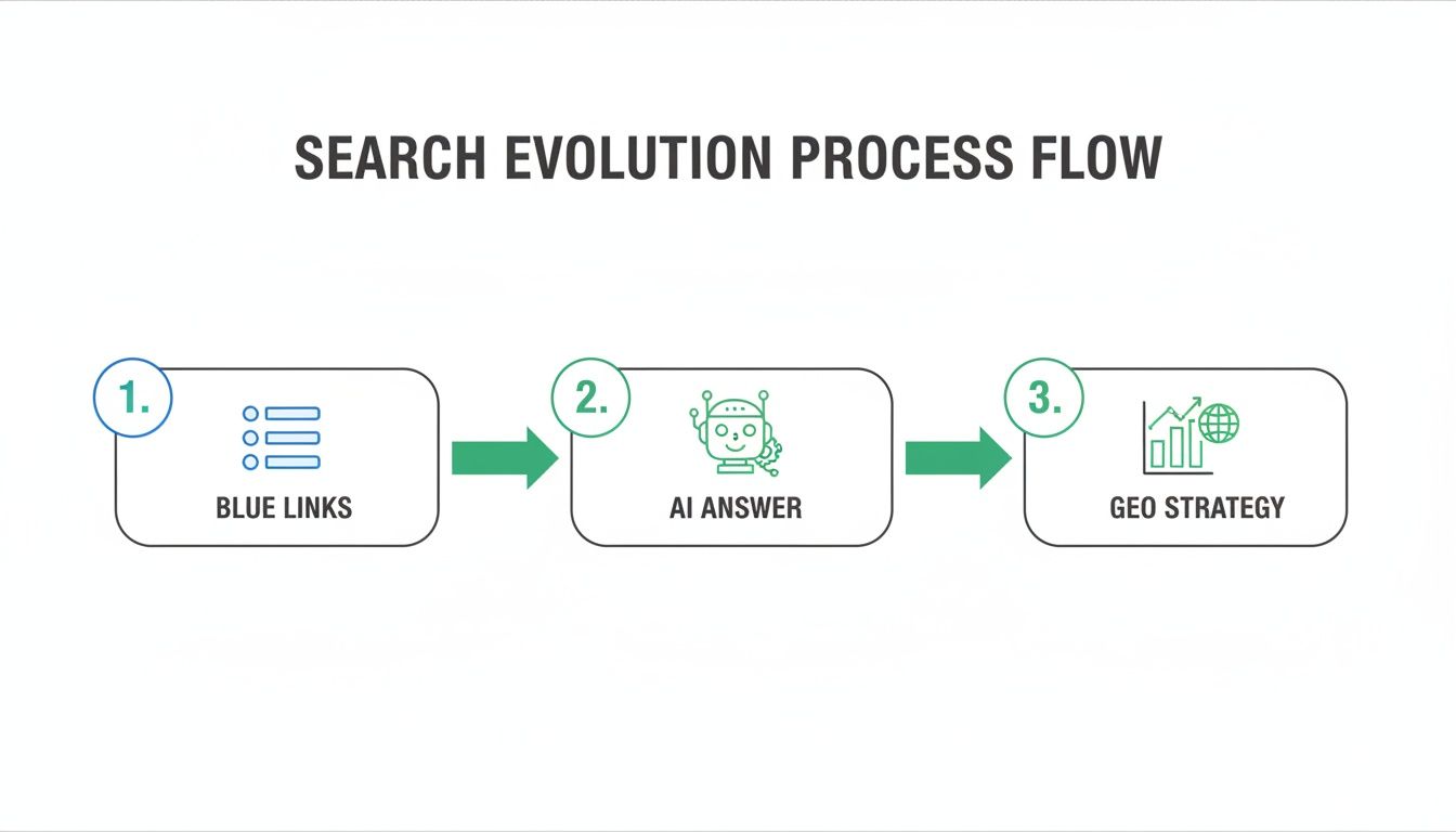 A diagram illustrating the search evolution process flow: blue links, AI answer, and geo strategy.