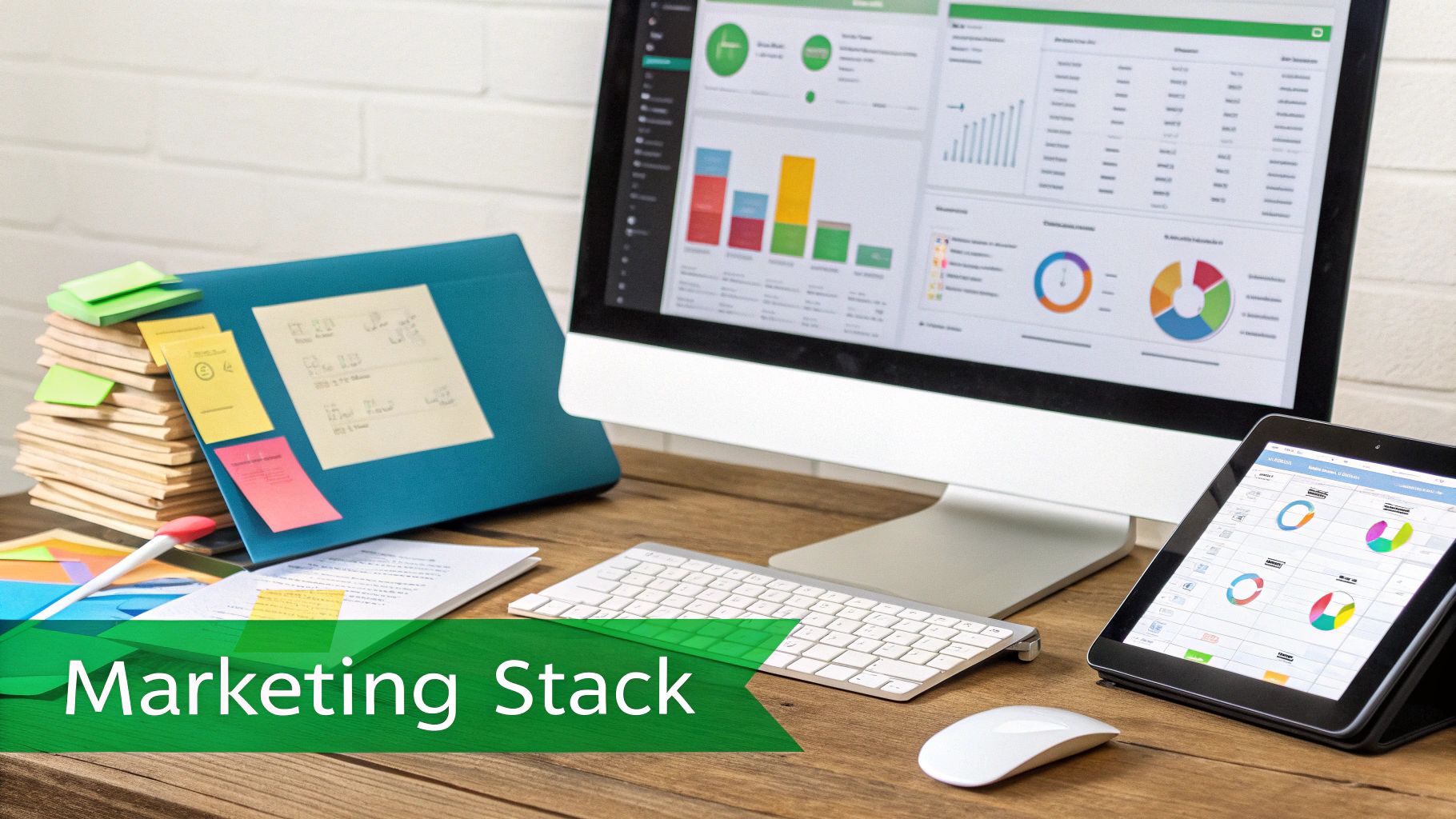 A desk with a computer monitor and tablet displaying marketing analytics, along with office supplies.