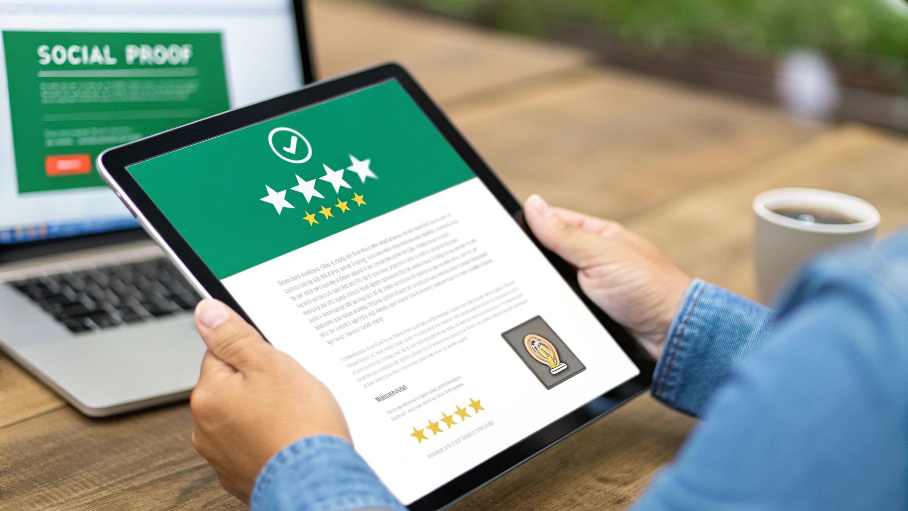 Person holding a tablet displaying a webpage about social proof with customer reviews and stars.