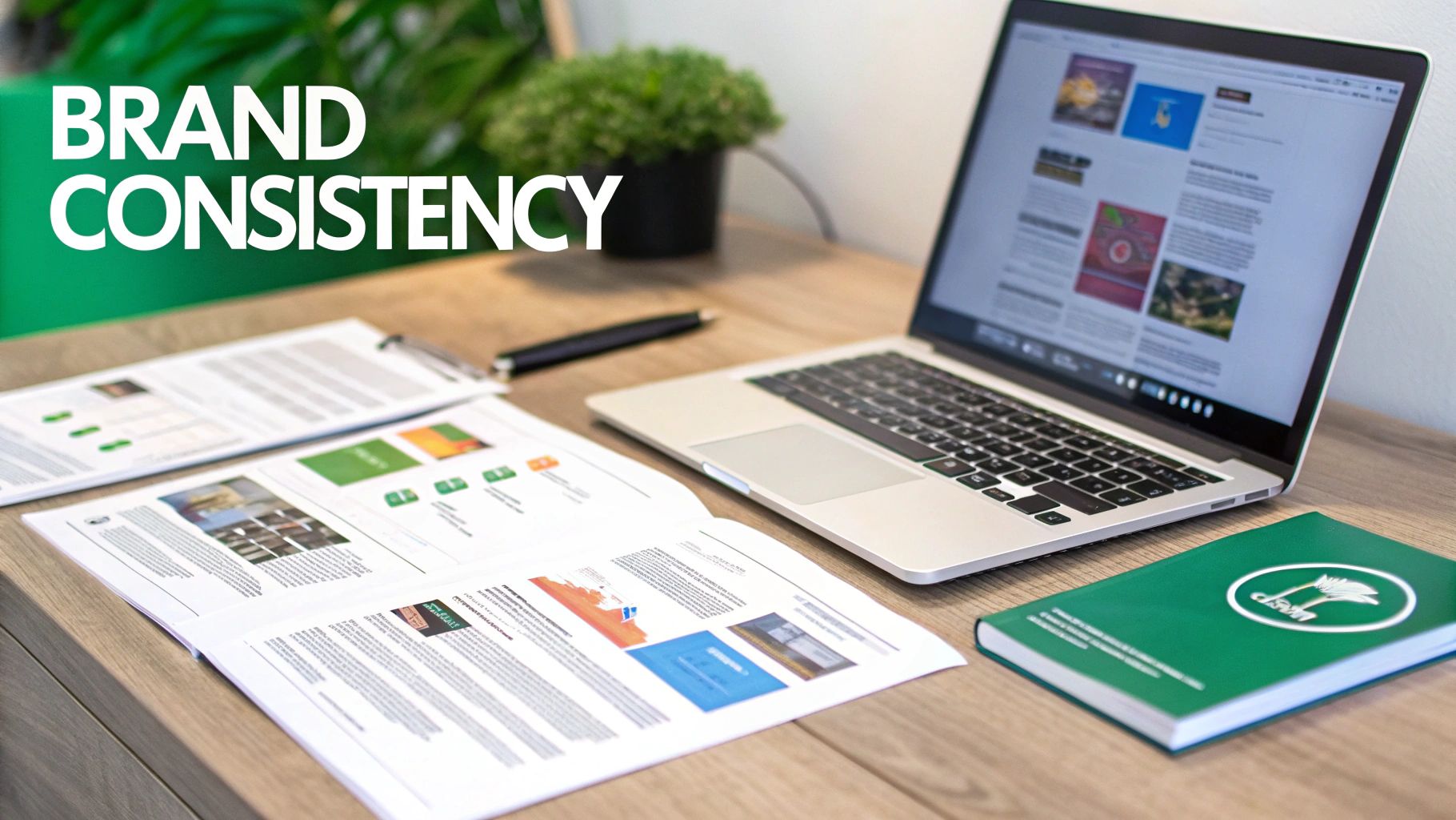 A desk with a laptop, documents, and a pen. The text 'BRAND CONSISTENCY' is prominently displayed.