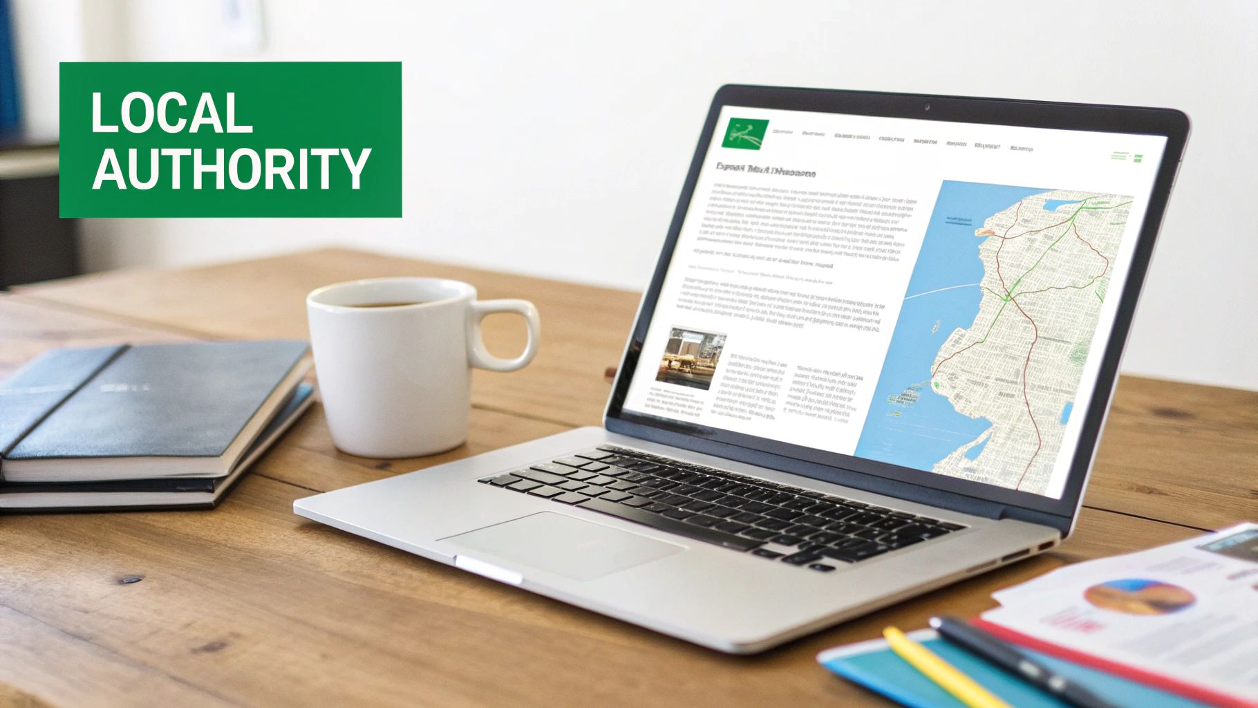 A laptop displaying a local authority website with a map, coffee, and notebooks on a wooden desk.