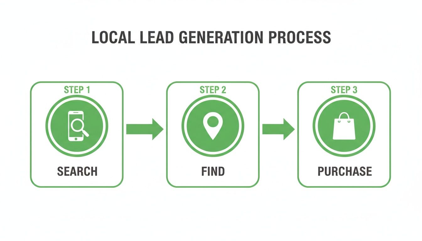 A flowchart illustrates the local lead generation process with three steps: Search, Find, and Purchase.