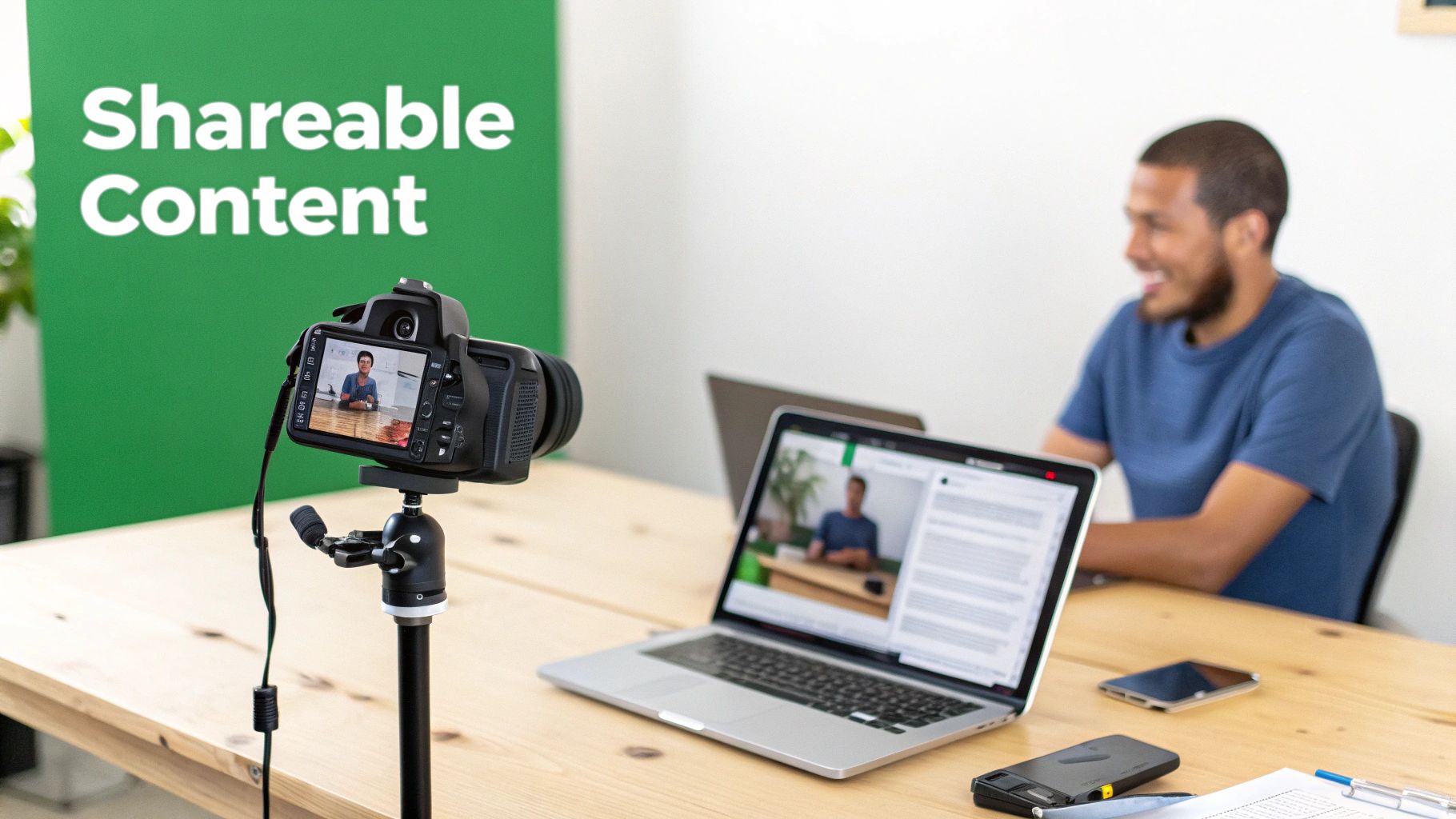 A person recording video with a camera on a tripod, a laptop, and a green screen.