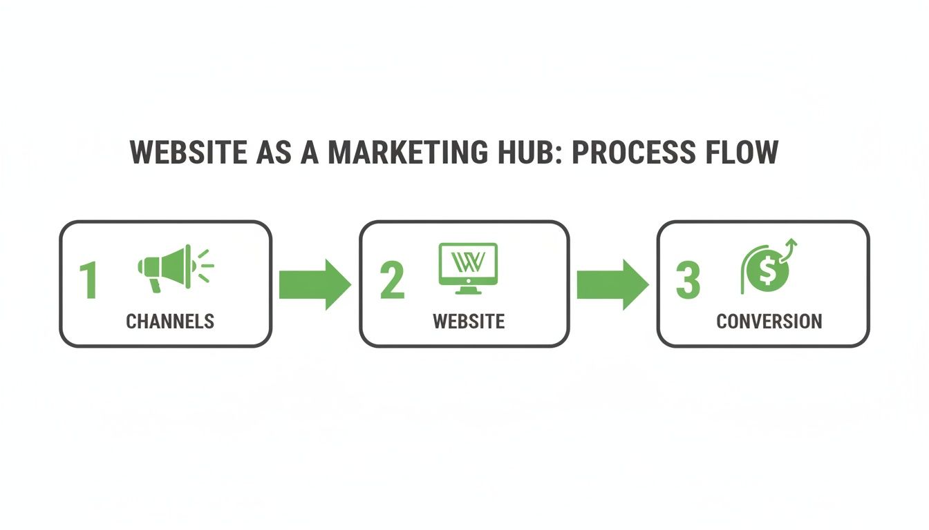 Flowchart illustrating the marketing process: channels direct to website, leading to conversion.
