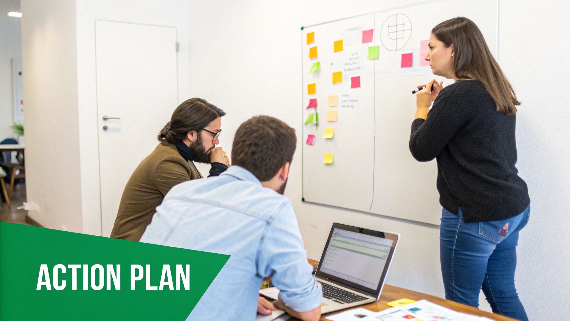 Three colleagues collaborate in a modern office, planning an action plan with sticky notes.