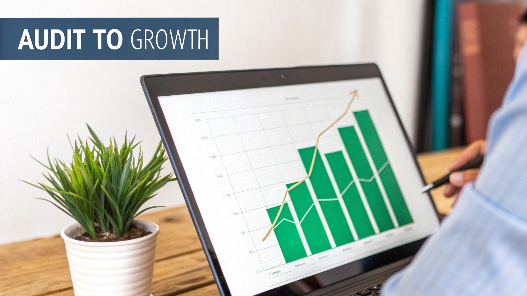 Person analyzing a laptop displaying a business growth chart, symbolizing audit to growth.