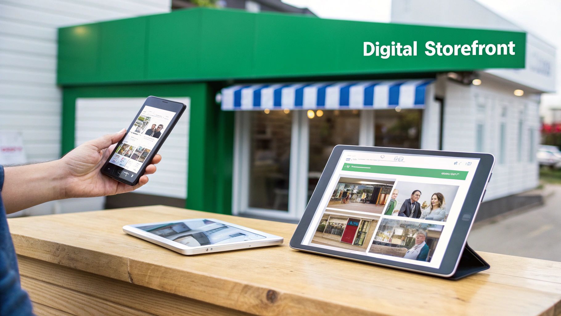 A hand holds a smartphone, with two tablets displaying digital storefront content on a wooden table.