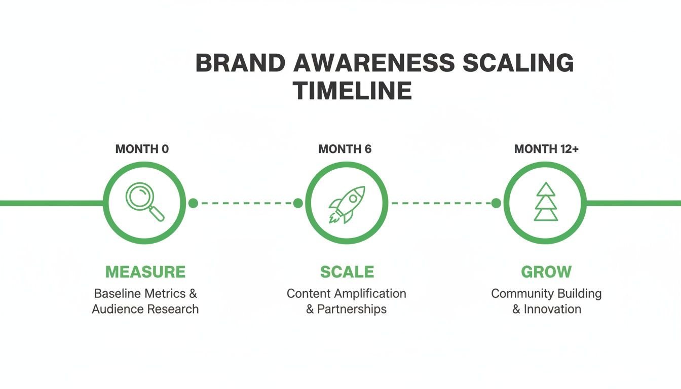 A brand awareness scaling timeline depicting three phases: Measure, Scale, and Grow over 12+ months.