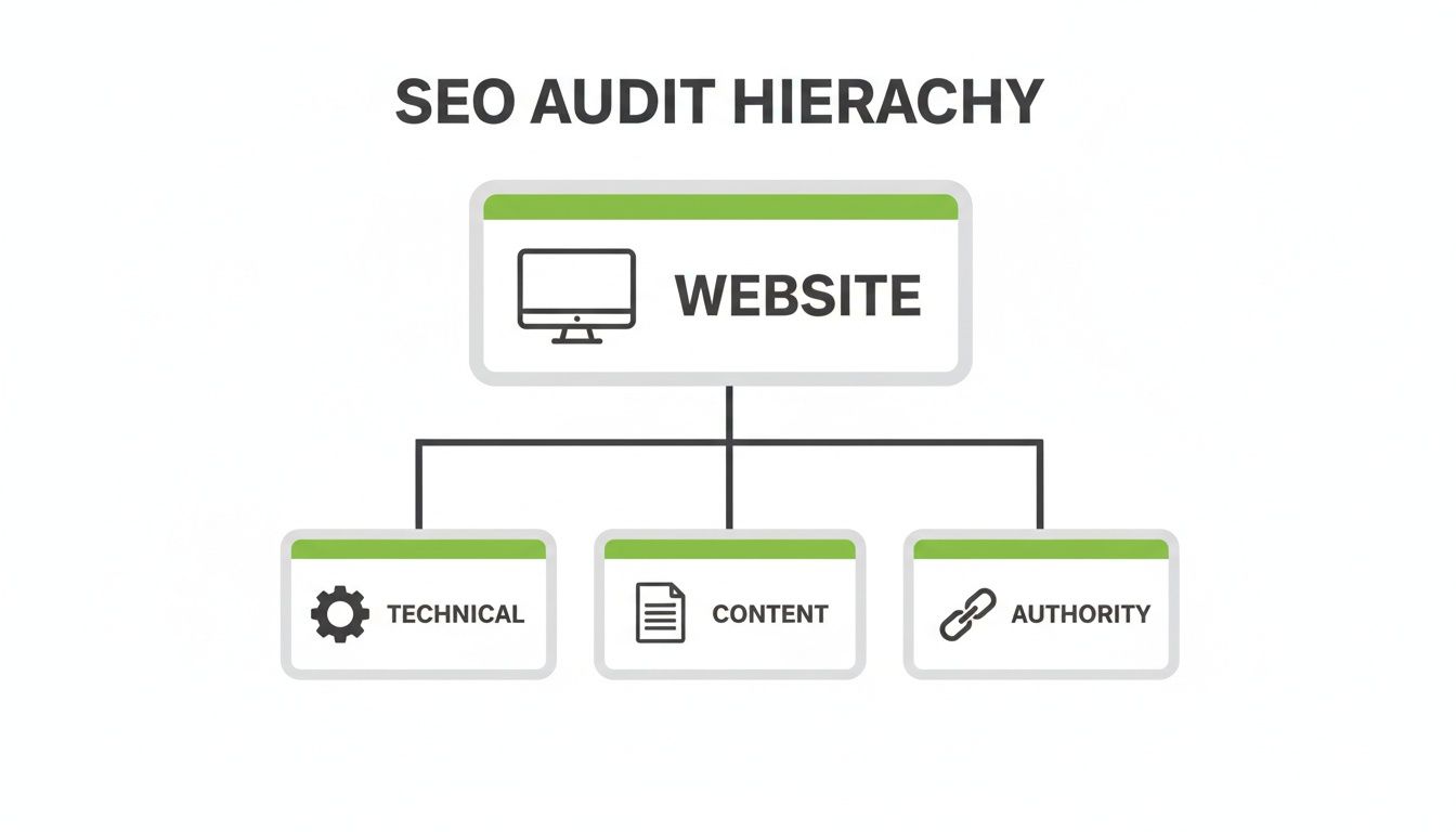 SEO audit hierarchy diagram showing website, technical, content, and authority components.