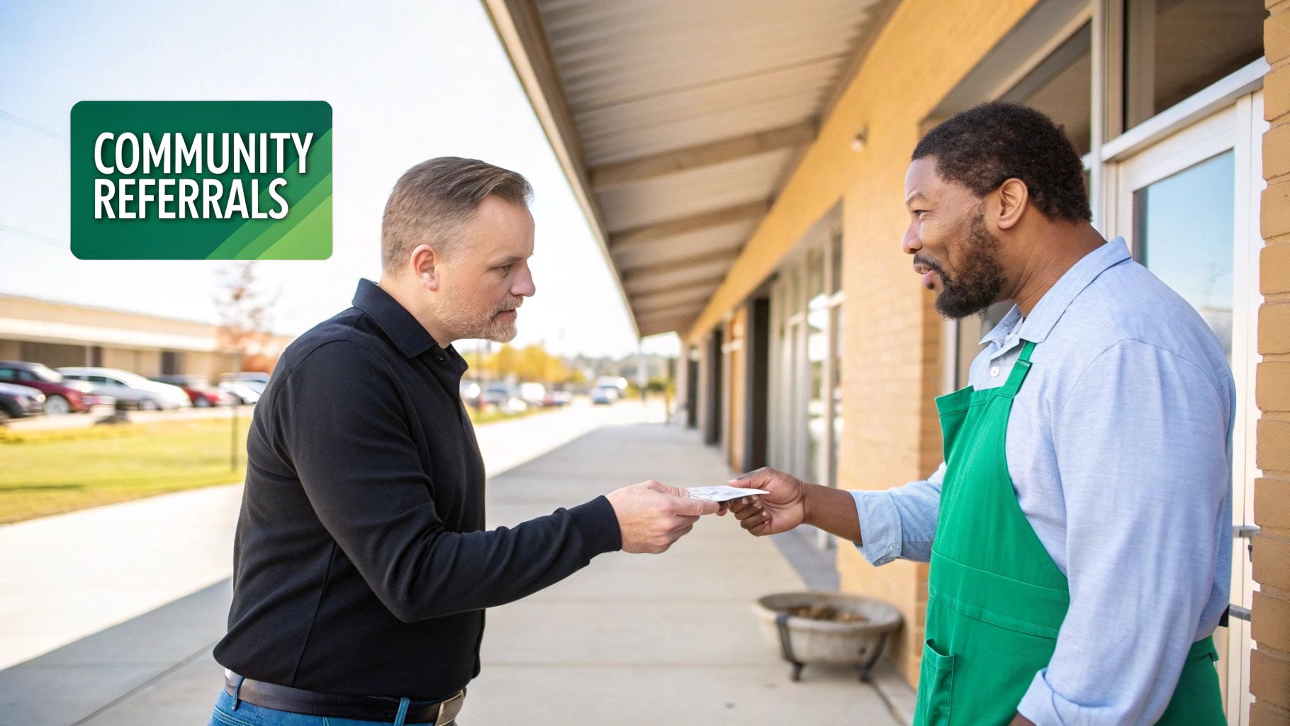 Two men exchange cards outside a building, symbolizing community referrals for local business growth.