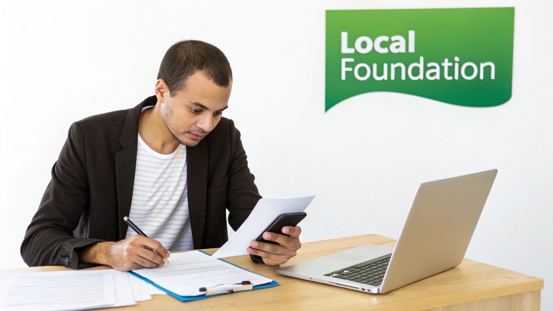 A man signing documents at a desk with a laptop and phone, 'Local Foundation' logo visible.