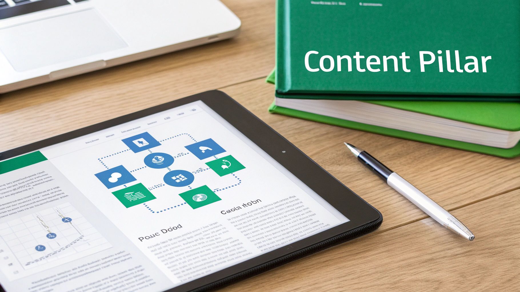 Desk setup with a laptop, tablet showing a flowchart, pen, and books titled 'Content Pillar'.