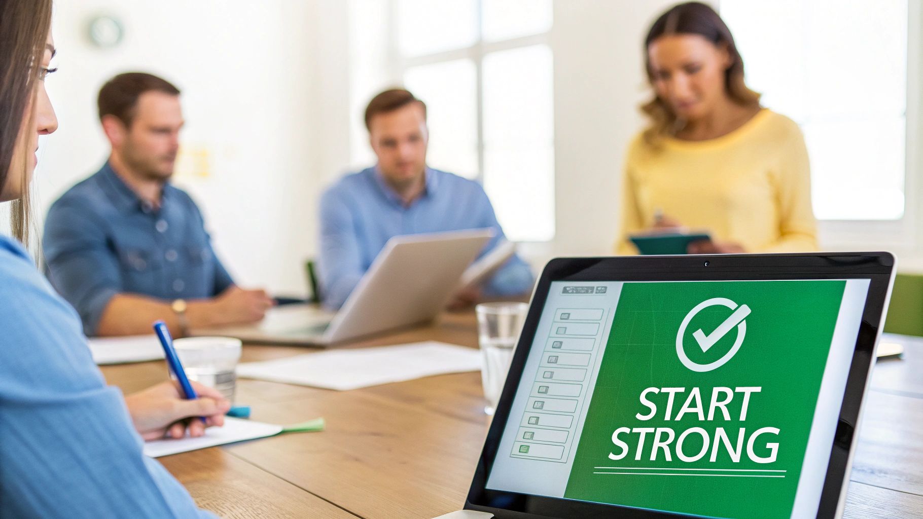 A team of professionals in a meeting with a laptop displaying 'START STRONG' and a checkmark, emphasizing project initiation.