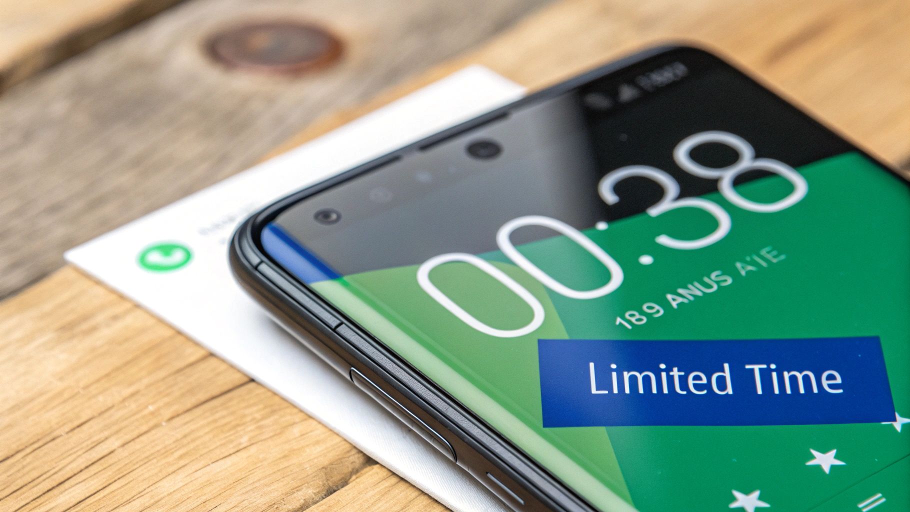 A smartphone displays "00:38" and "Limited Time" on a green screen, resting on a wooden table.