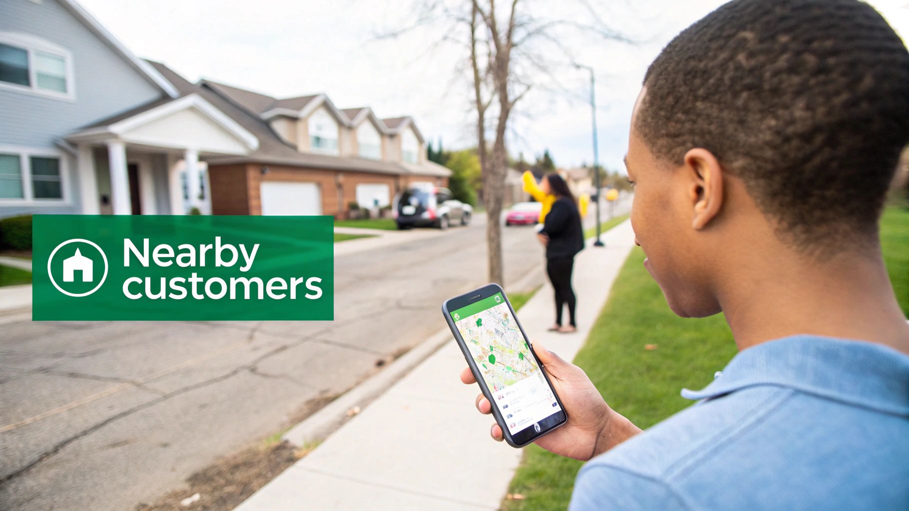 A man on a sidewalk uses a smartphone map app to find nearby customers in a residential area.