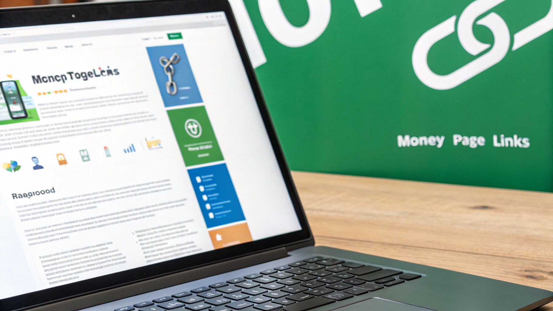 Laptop displaying a financial app interface with link icons, next to a 'Money Page Links' banner.
