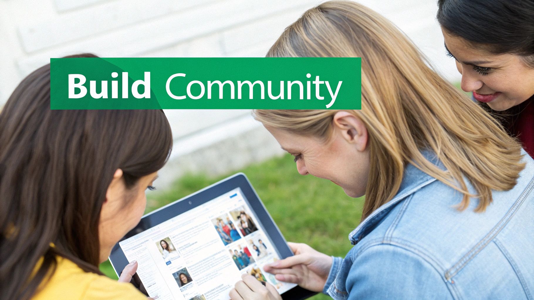 Three women actively viewing a tablet together, fostering connections and building community online.