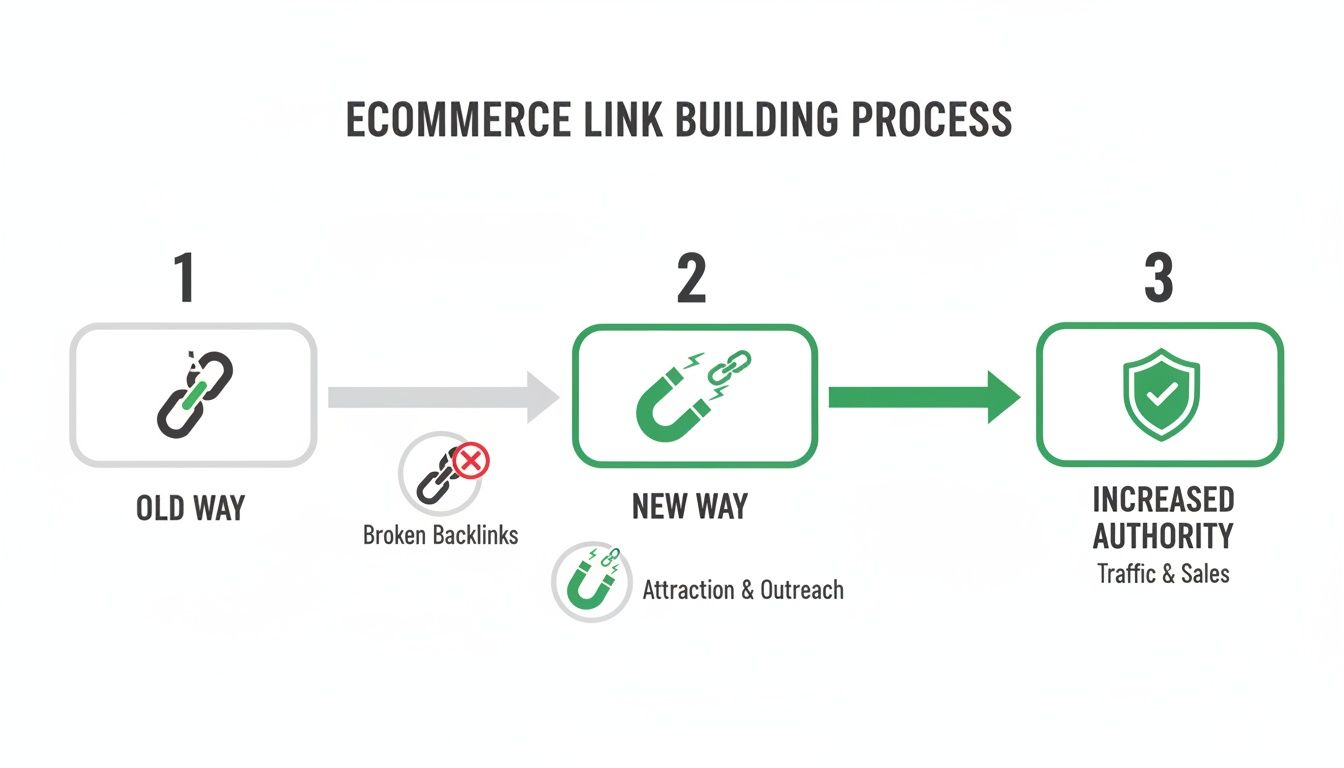 Visualizing the ecommerce link building process, contrasting old broken backlinks with new attraction and outreach for increased authority.