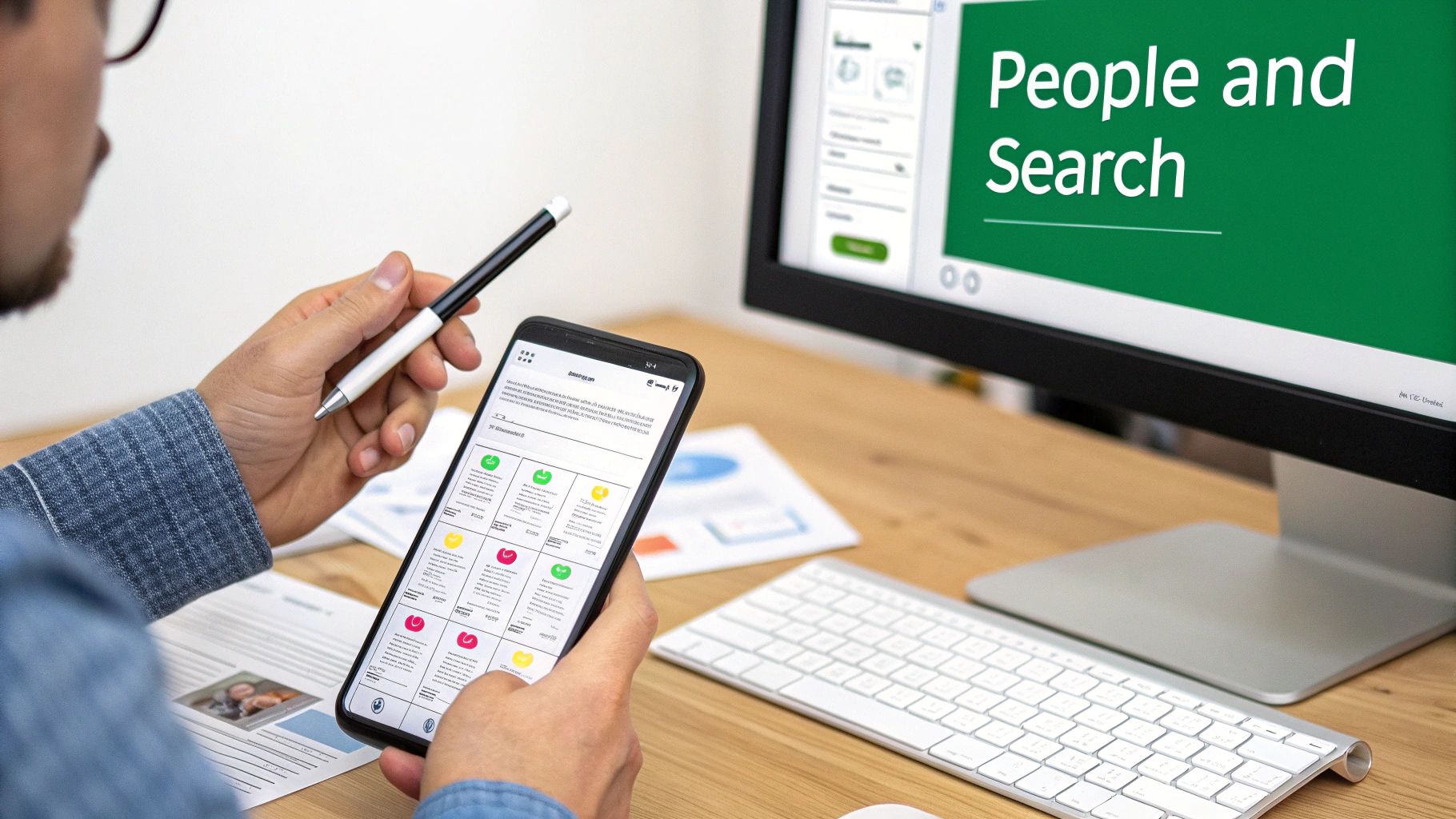 A person holds a stylus and smartphone, viewing an app with colorful cards, next to a monitor displaying "People and Search".