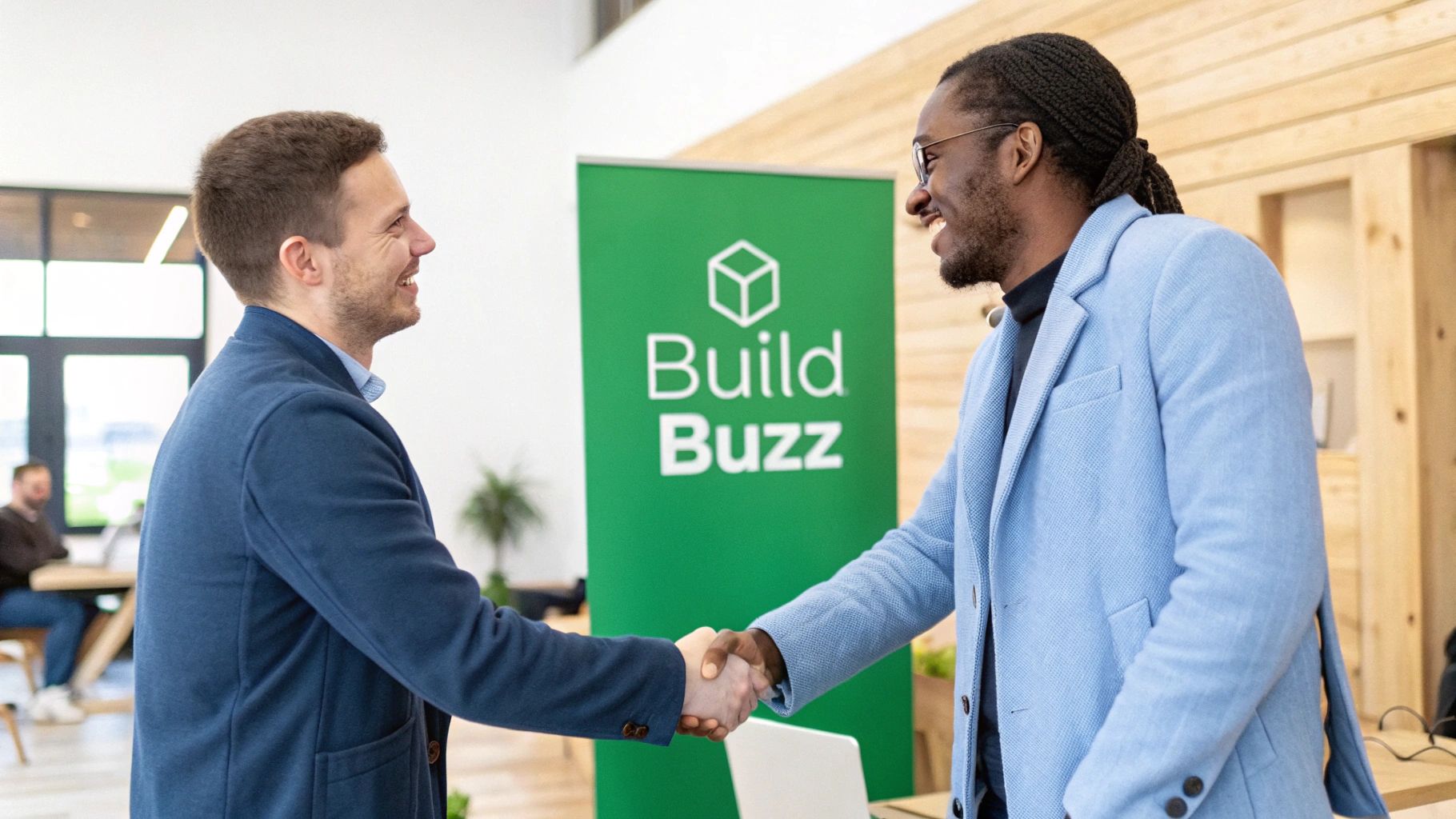 Two smiling diverse businessmen shaking hands at a modern professional meeting with a 'Build Buzz' banner.