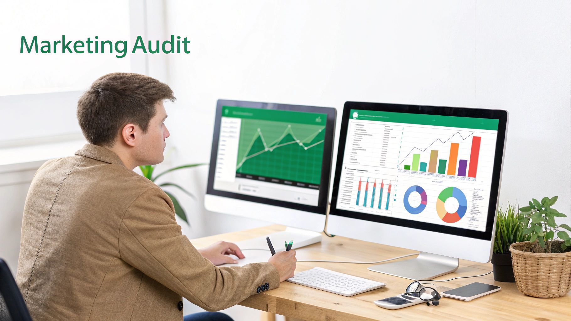 Man analyzing marketing audit data on two computer screens with charts and graphs, taking notes.