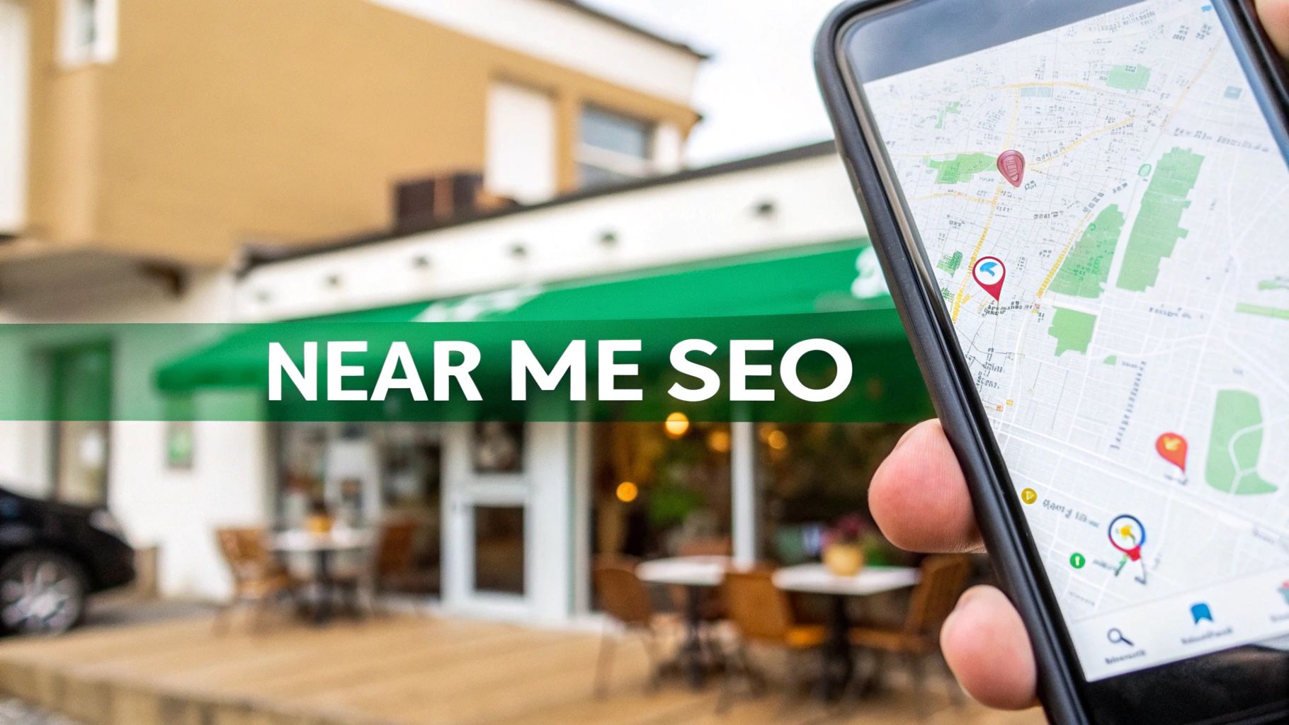 A hand holds a smartphone displaying a map with location pins and 'NEAR ME SEO' text, indicating local search optimization.