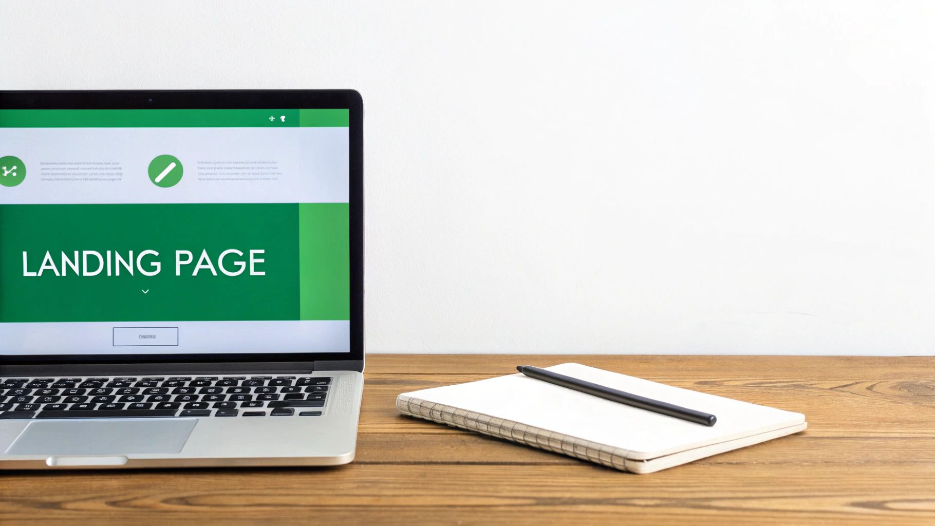 A laptop displaying a 'LANDING PAGE' with green and white design on a wooden desk, next to a notebook and pen.